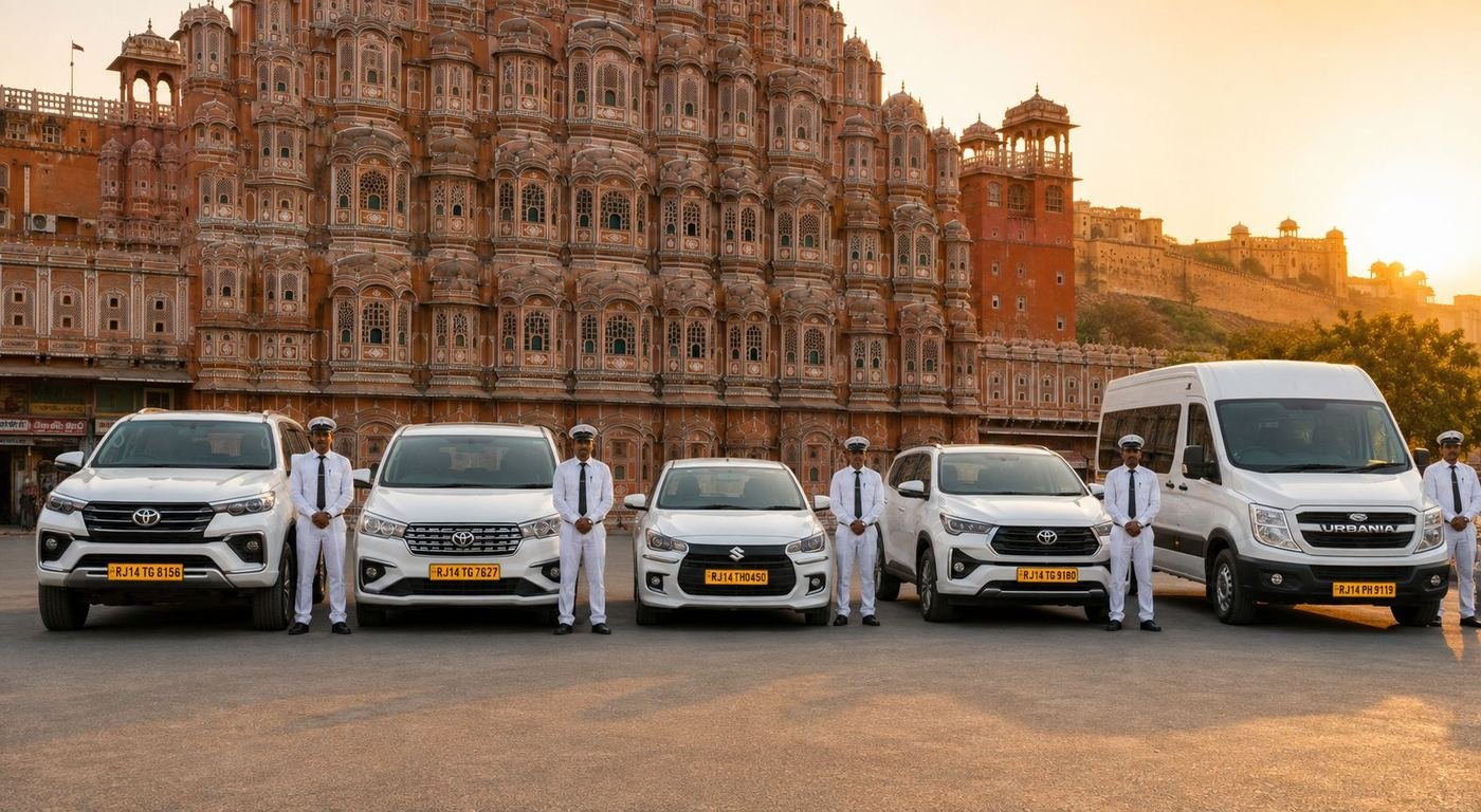 Ruia Travels chauffeurs and full fleet lineup at Hawa Mahal, Jaipur
