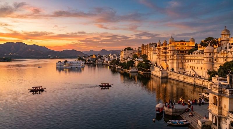 Udaipur City Palace and Lake Pichola at sunset