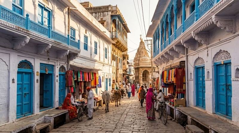 A small-town Rajasthan street with traditional blue-doored havelis
