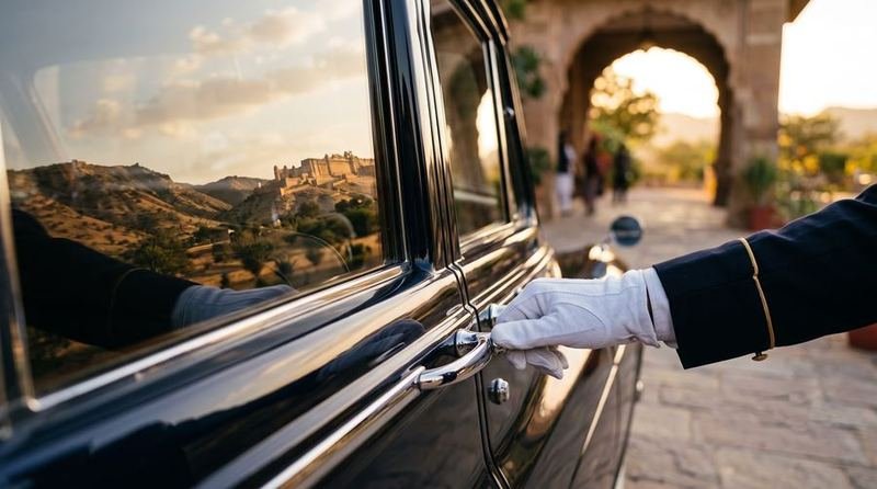 Chauffeur's gloved hand opening a car door, Amber Fort reflected in the window