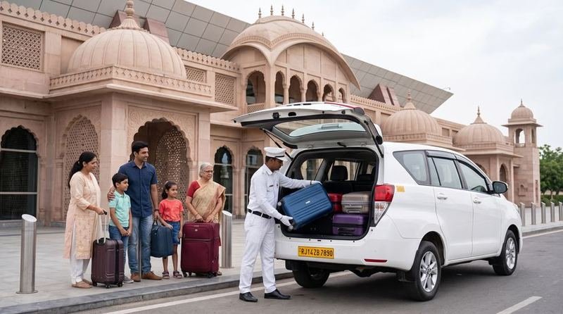 Family being helped with luggage at airport pickup