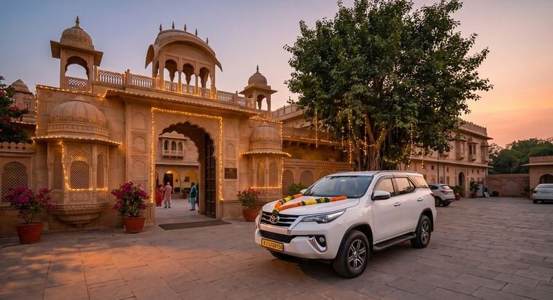 Garlanded wedding car at a Jaipur venue