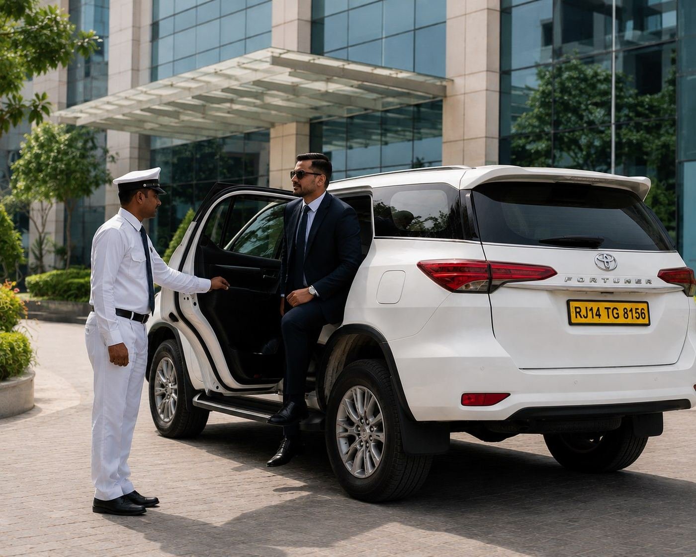 Ruia Travels chauffeur greeting a business executive at a Toyota Fortuner outside a corporate office in Jaipur