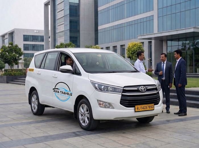 White Toyota Innova Crysta with Ruia Travels branding for client and executive travel in Jaipur