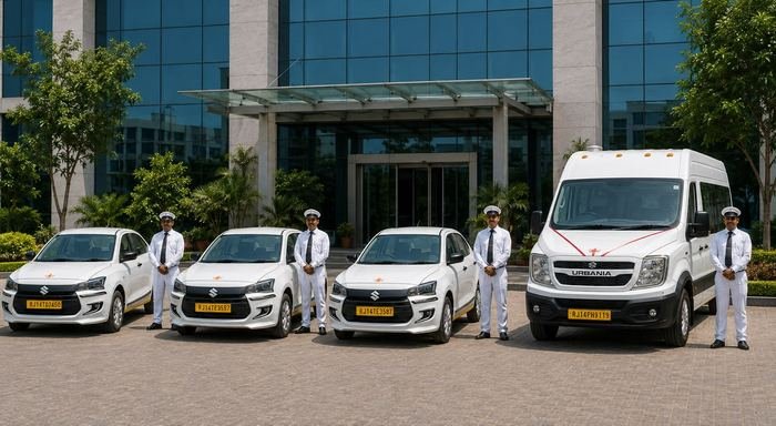 Ruia Travels employee shuttle fleet of sedans and a Force Urbania van parked outside a Jaipur corporate office with uniformed chauffeurs