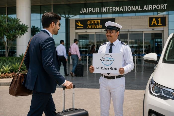 Ruia Travels chauffeur holding a name-board placard welcoming a business traveler at Jaipur International Airport