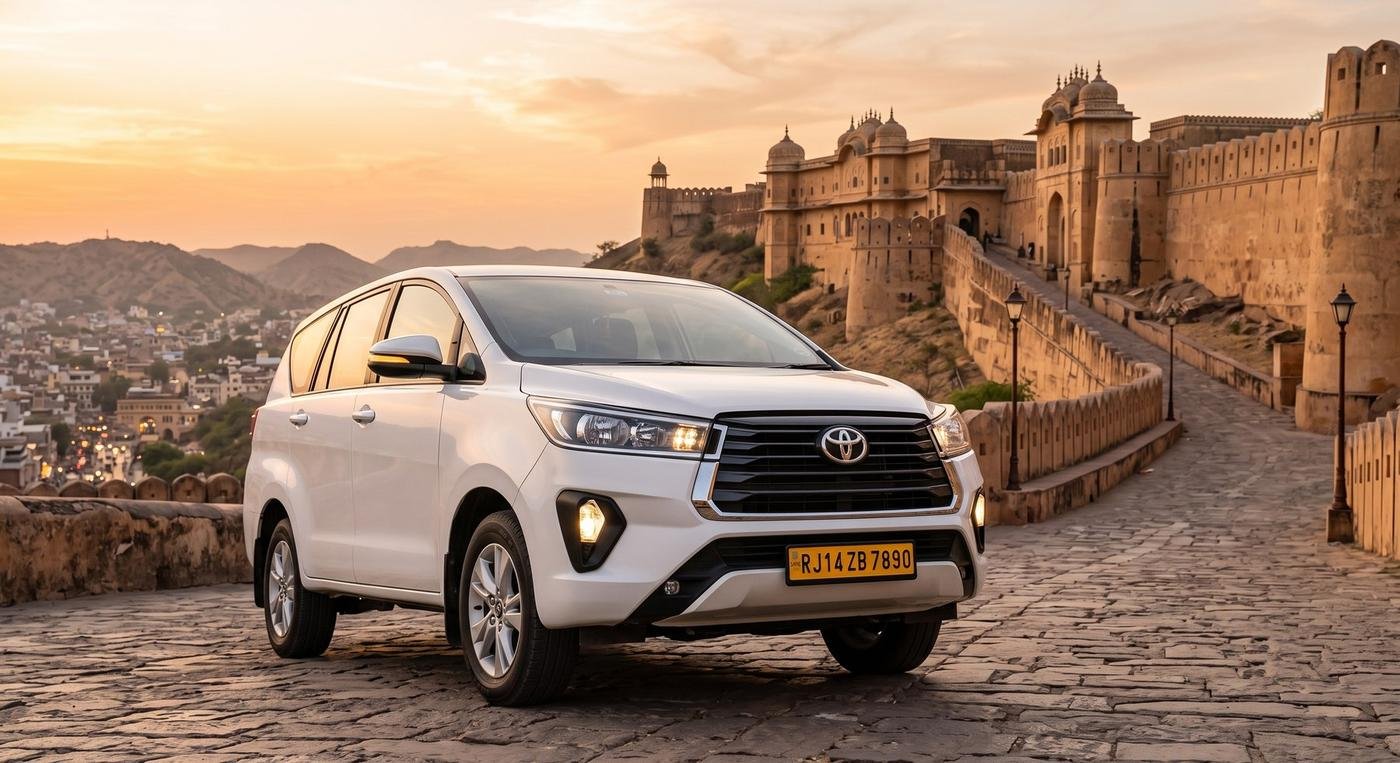White Toyota Innova Crysta parked at a Jaipur hilltop fort at sunset