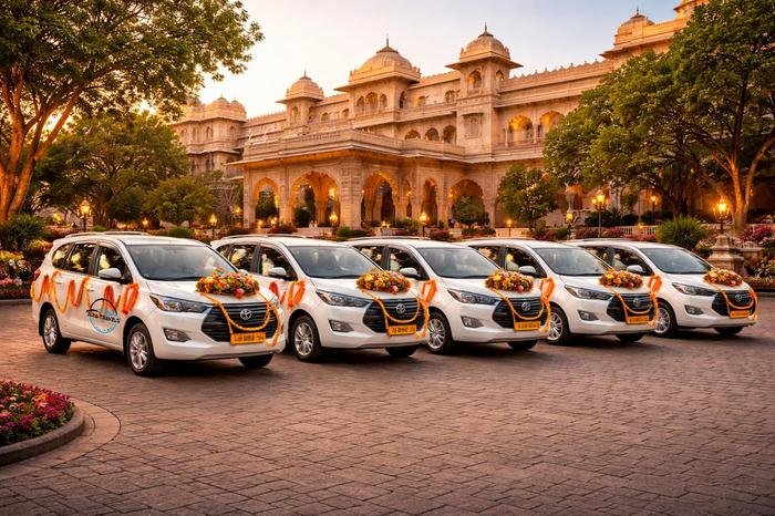 Five Ruia Travels Toyota Innova Crysta vehicles decorated with marigold garlands outside a Jaipur palace at sunset