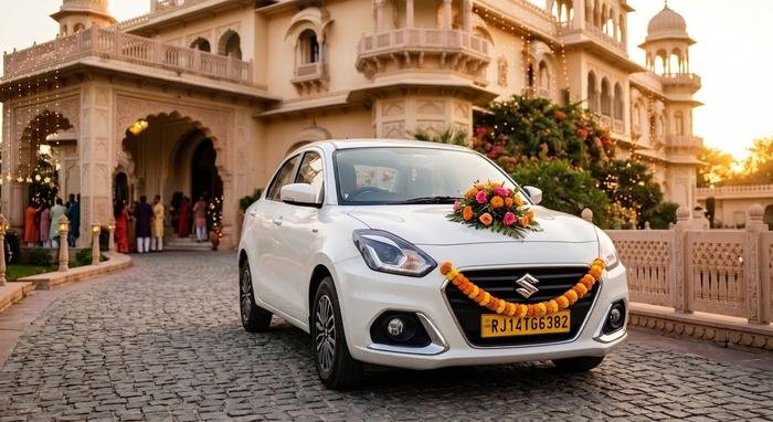 Garlanded Maruti Dzire with floral bouquet decorated for a Jaipur wedding, plate RJ14 TG 6382