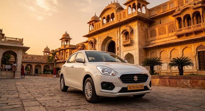White Maruti Dzire parked at a Rajasthan heritage courtyard at sunset