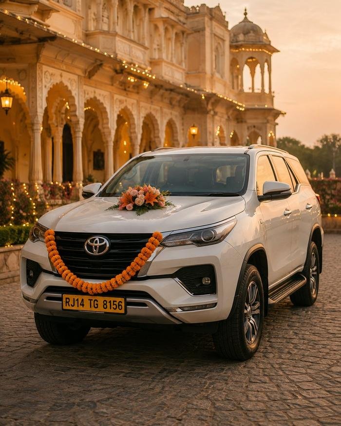 Garlanded Toyota Fortuner decorated for a Jaipur wedding