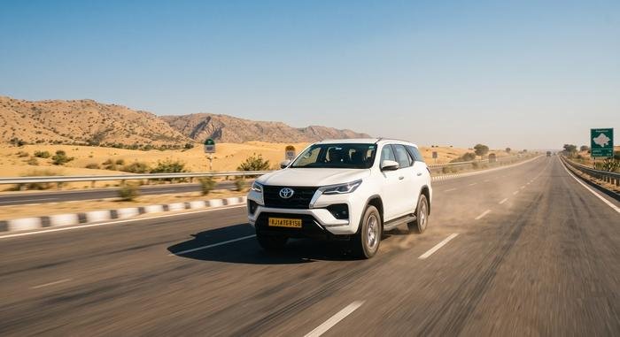 White Toyota Fortuner driving on a Rajasthan highway