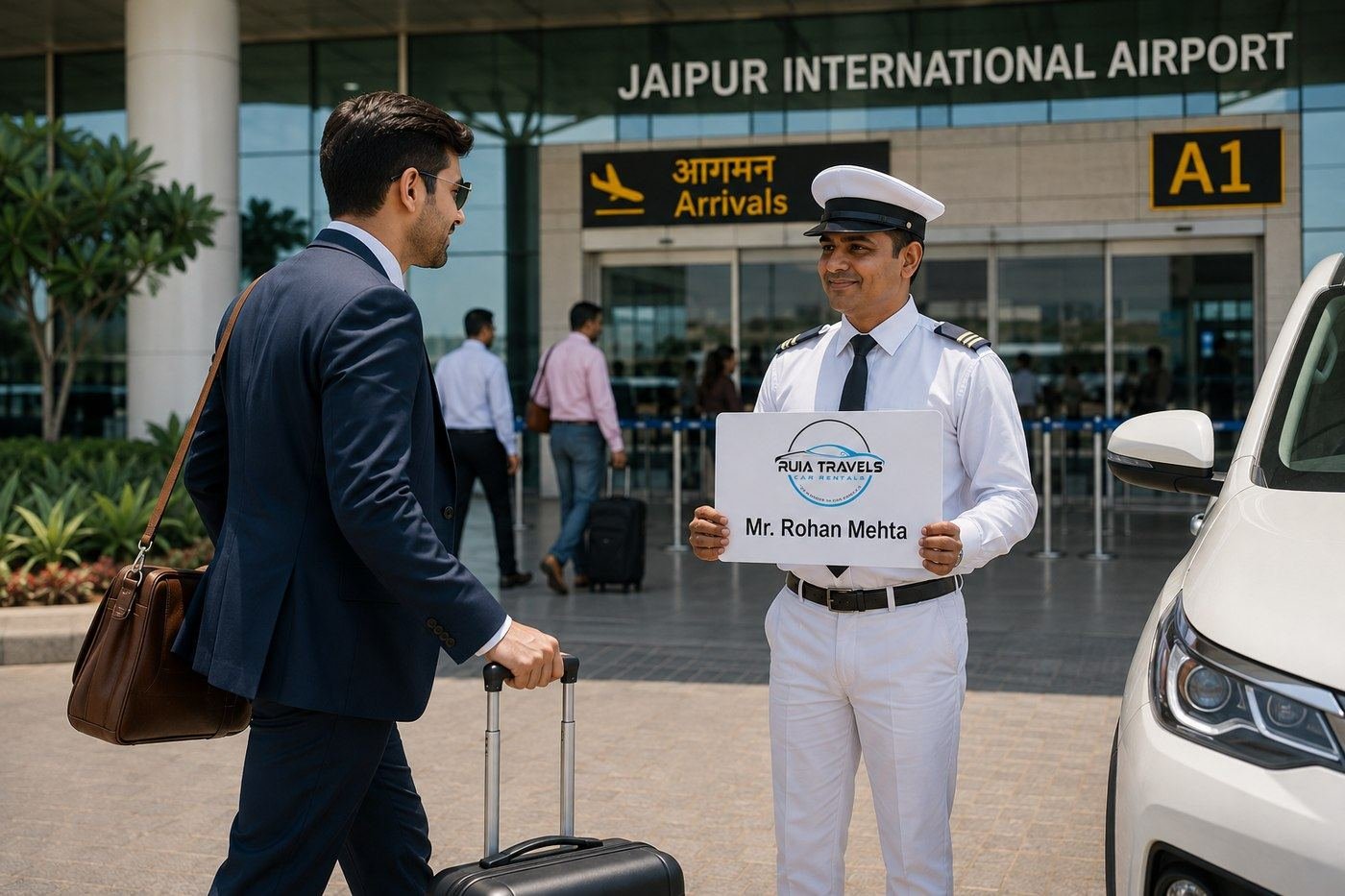 Ruia Travels chauffeur holding a name-board placard at Jaipur airport
