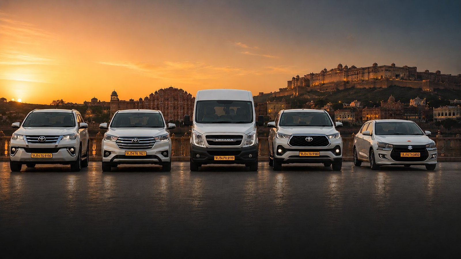 Ruia Travels fleet — Toyota Fortuner, Toyota Rumion, Force Urbania, Toyota Hycross and Maruti Dzire parked in front of Hawa Mahal and Amer Fort at sunset, Jaipur