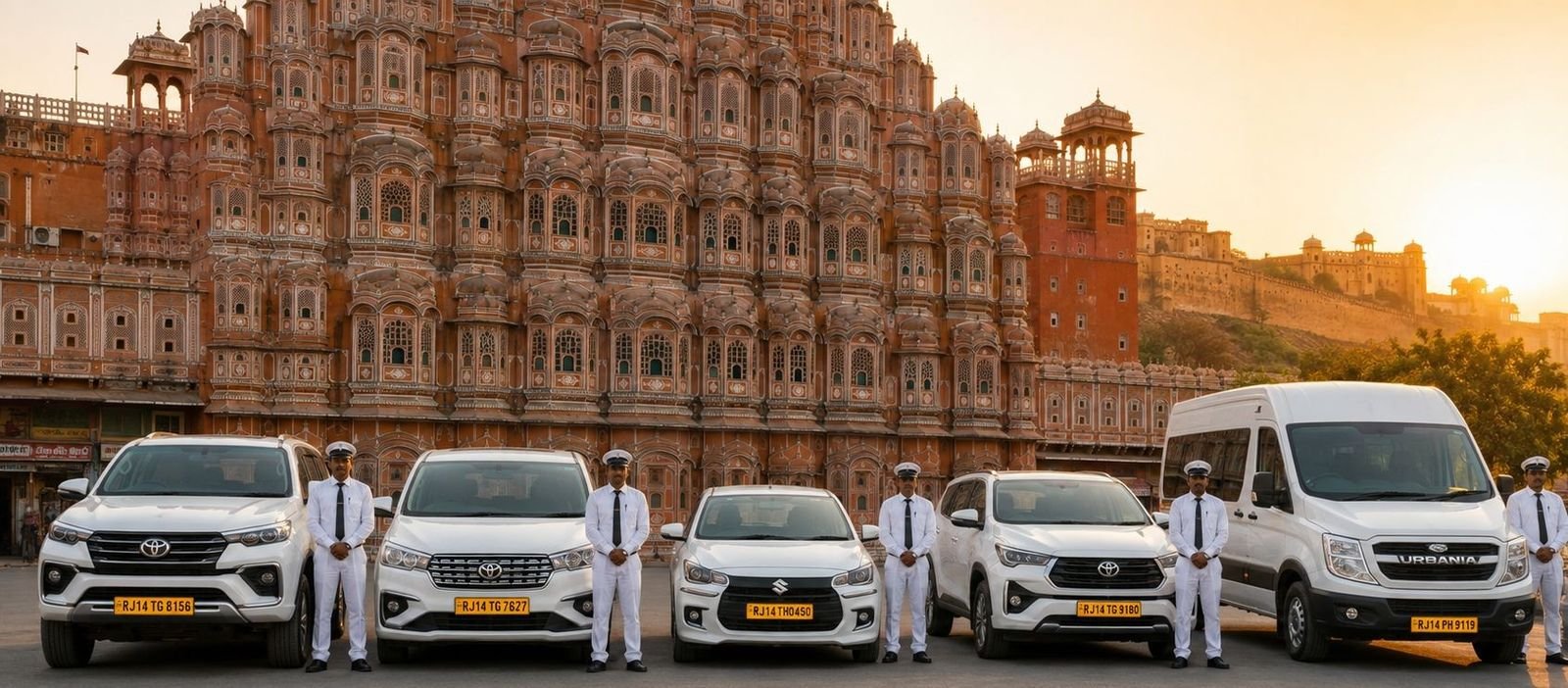 Ruia Travels chauffeurs and fleet at Hawa Mahal, Jaipur