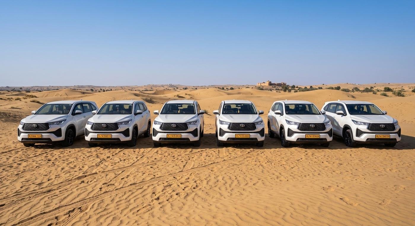 Ruia Travels fleet of Toyota Innova HyCross vehicles parked in the Jaisalmer desert dunes