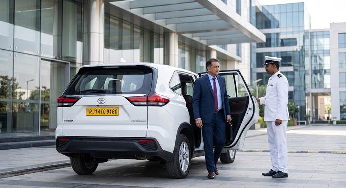 Chauffeur in white uniform opening the door of a Toyota Innova HyCross for a business executive in Jaipur