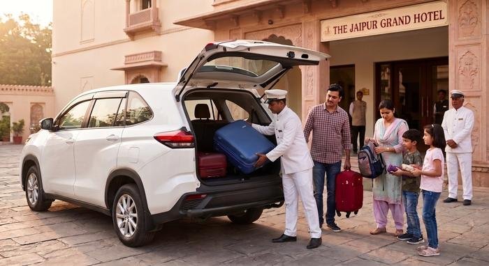 Chauffeur loading luggage into a Toyota Innova HyCross for a family outside a Jaipur hotel
