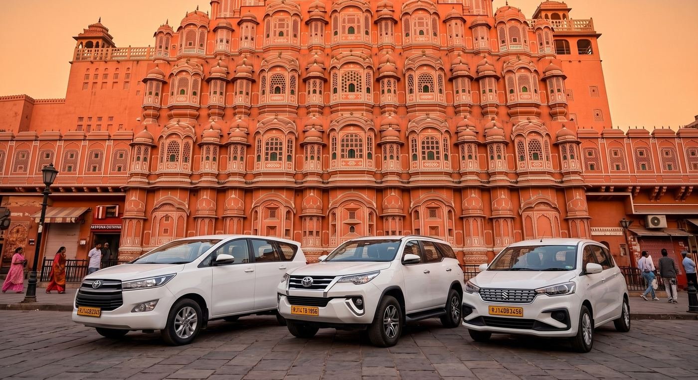 Ruia Travels SUV fleet parked outside Hawa Mahal in Jaipur