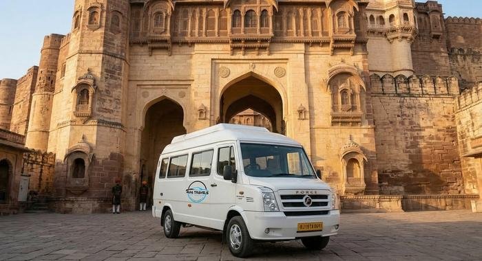 Ruia Travels tempo traveller van parked at a Jodhpur fort entrance