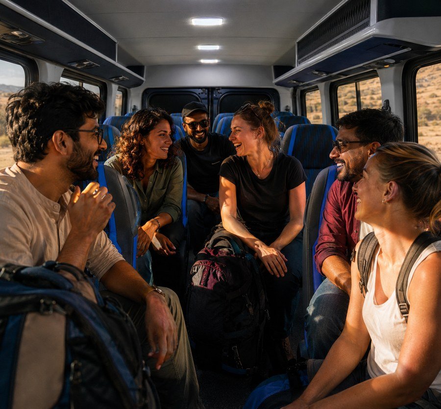 Strangers Trip travelers bonding inside the Force Urbania van