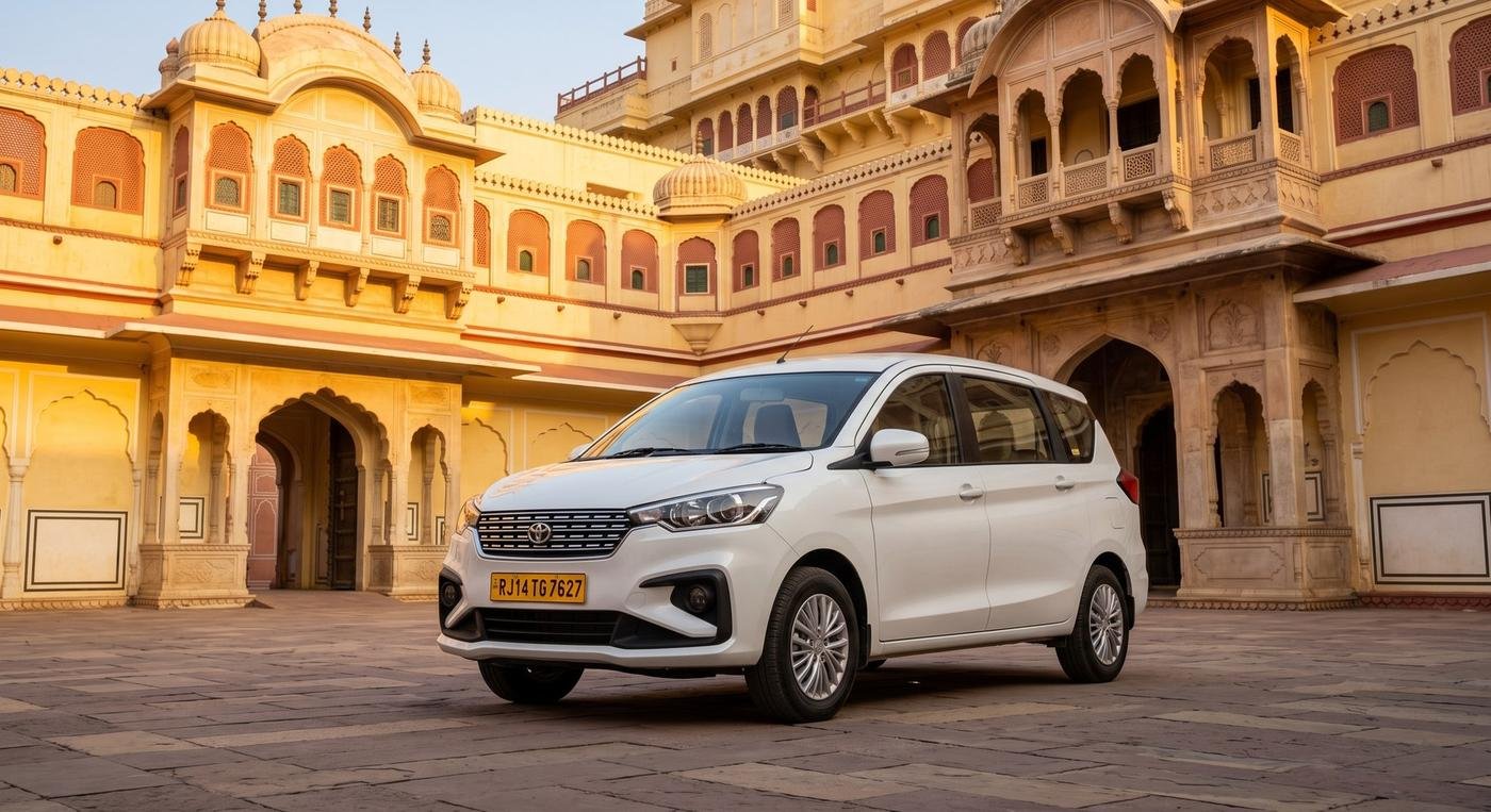 White Toyota Rumion parked outside City Palace in Jaipur