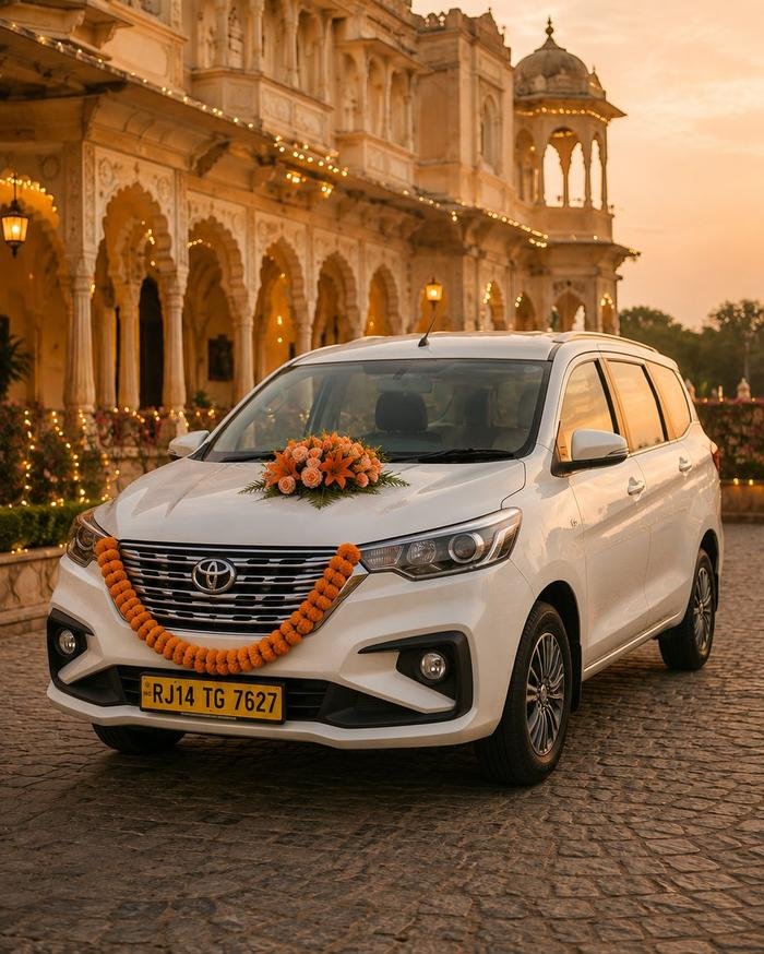 Garlanded Toyota Rumion decorated for a Jaipur wedding