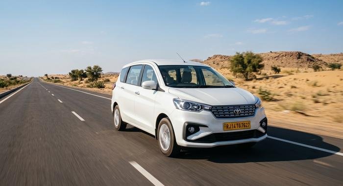 White Toyota Rumion driving on a Rajasthan highway
