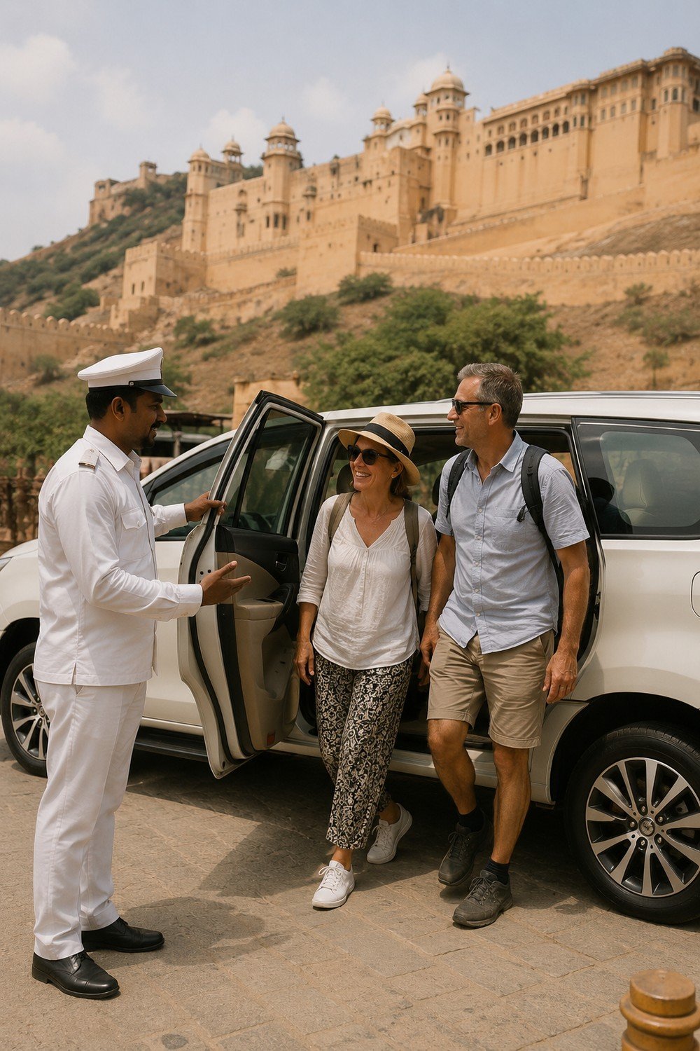 Ruia Travels chauffeur assisting international tourists at Amer Fort, Jaipur
