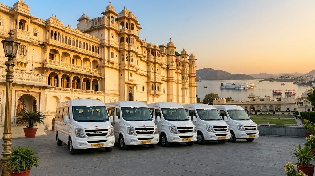White Force Urbania fleet vans parked in front of City Palace Udaipur at sunset, with Lake Pichola and Lake Palace in the background