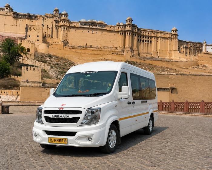 White Force Urbania van parked in front of Amer Fort in Jaipur during the day