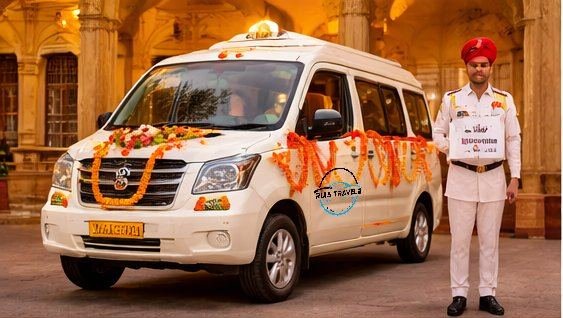 Decorated Force Urbania with chauffeur in traditional turban for wedding guest transport in Jaipur